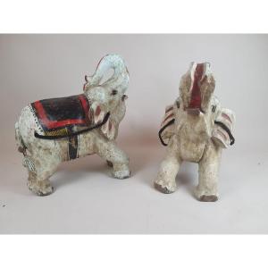 2 Elephants In Carved And Polychromed Wood, Circa 1970