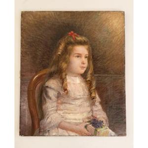 Oil On Canvas "young Girl With Red Ribbon" By Raoul Marie Baligant.