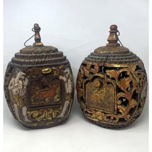 Polychrome Wooden Tealight Holders - Asia - Early 20th Century