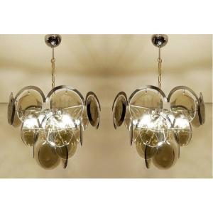 Pair Of Vistosi Chandeliers In Smoked Glass 