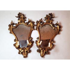 Paire d'Appliques Miroir En Bois Sculpté