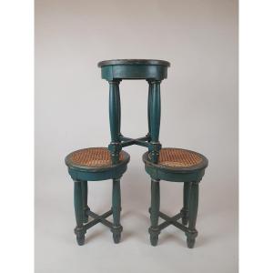 Set Of 3 Green Patinated Wood Stools, 19th