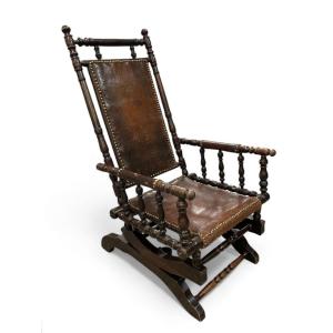 Fauteuil à Bascule, Bois Patiné Et Cuir, Travail Anglais Fin 19th