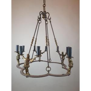 Wrought Iron And Bronze Chandelier, Late 18th Century