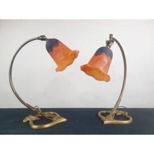 2 Art Nouveau Lamps, Glass Paste Tulips Signed Daum