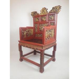 Fauteuil De Dignitaire En Bois Finement Sculpté, Laqué Rouge Et Or, Début 20th