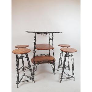 Side Table And Its 4 Stools, Set Formed By Keys Welded Together