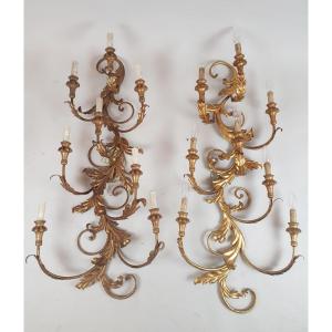 Pair Of Large Wrought Iron And Gilded Sheet Metal Wall Lights, Circa 1960