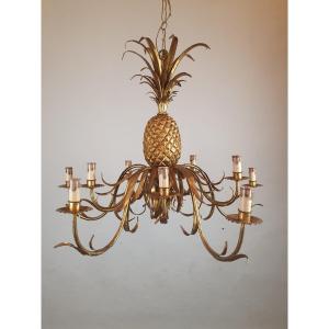 Pineapple Chandelier In Wrought Iron And Gilded Sheet Metal, Circa 1950