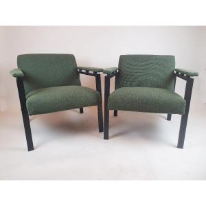 Pair Of Armchairs, Black Lacquered Metal, Circa 1970