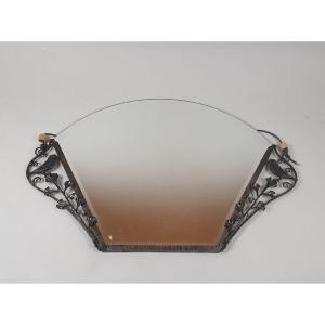 Art Deco Wrought Iron Mirror With Bird And Flower Decor By Gimkgo, Circa 1920