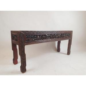 Chinese Red Lacquered Bench Finely Carved With Figures, Early 20th Century