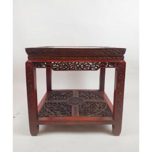 Table Basse Chinoise En Bois Laqué Rouge, Début 20th