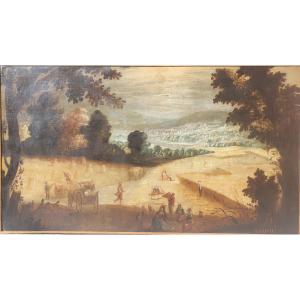 Oil On Canvas Painting, "the Harvests", Late 18th Century, Signed Agosto