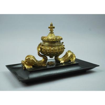 Inkwell In Gilt Bronze And Black Patina, 19th