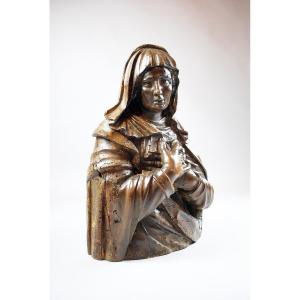 Bust Of Mary In Carved Walnut, Italy 17th