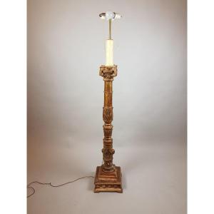 Floor Lamp In Carved Wood With Golden Patina, 19th