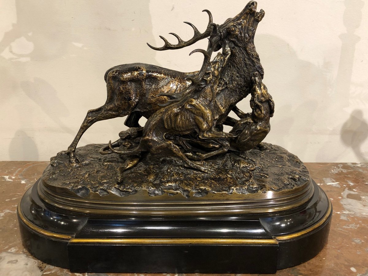 Pierre Jules Mêne  1810-1879  « l ‘ Hallali Du Cerf «  Important Bronze -photo-1