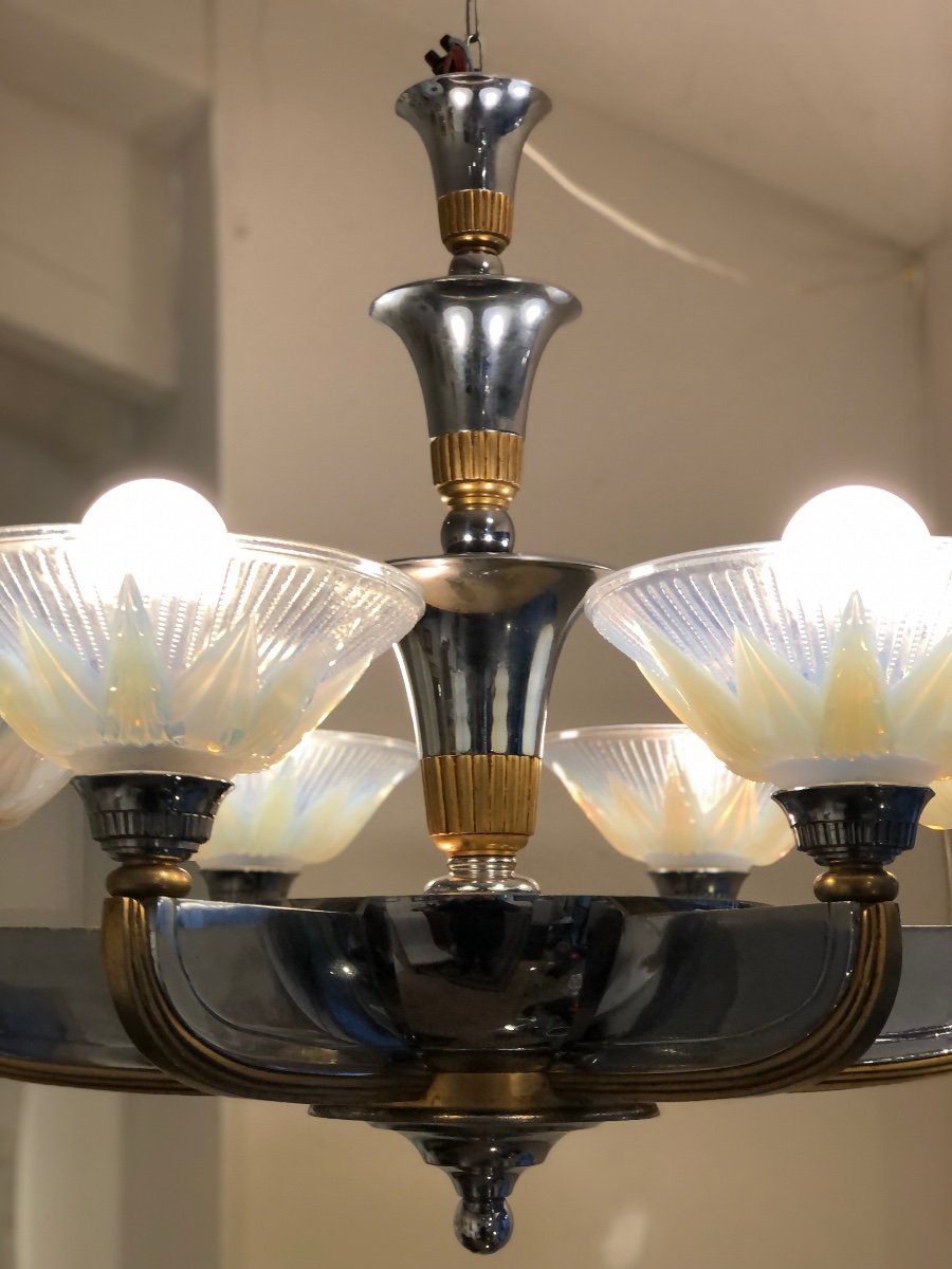 Art-deco Chandelier In Silvered & Gilded Bronze Circa 1925 By Georges Leleu-photo-5