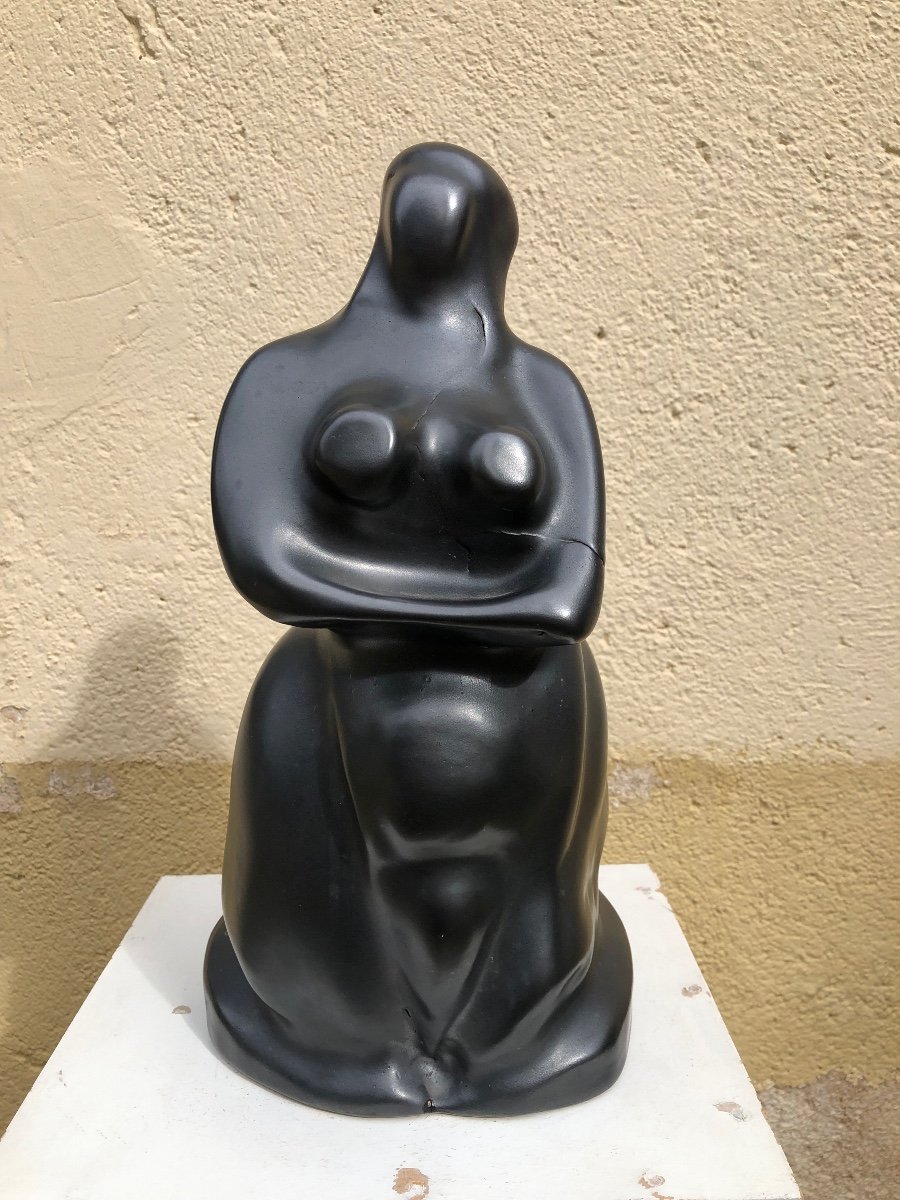 Sculpture "woman" In Black Enameled Ceramic Circa 1967