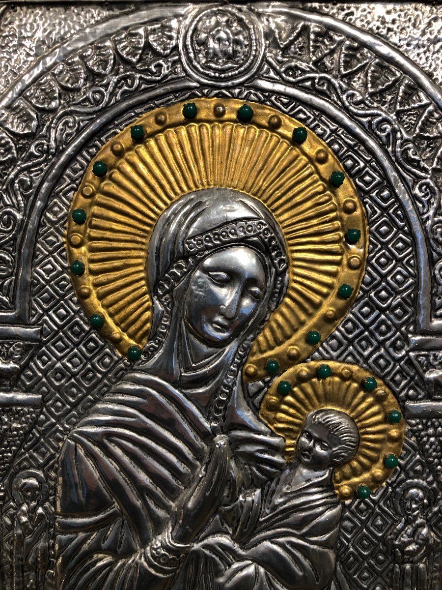 Vierge à L’enfant Byzantine En Métal Guilloché Et Repoussé Début 20 ème -photo-2