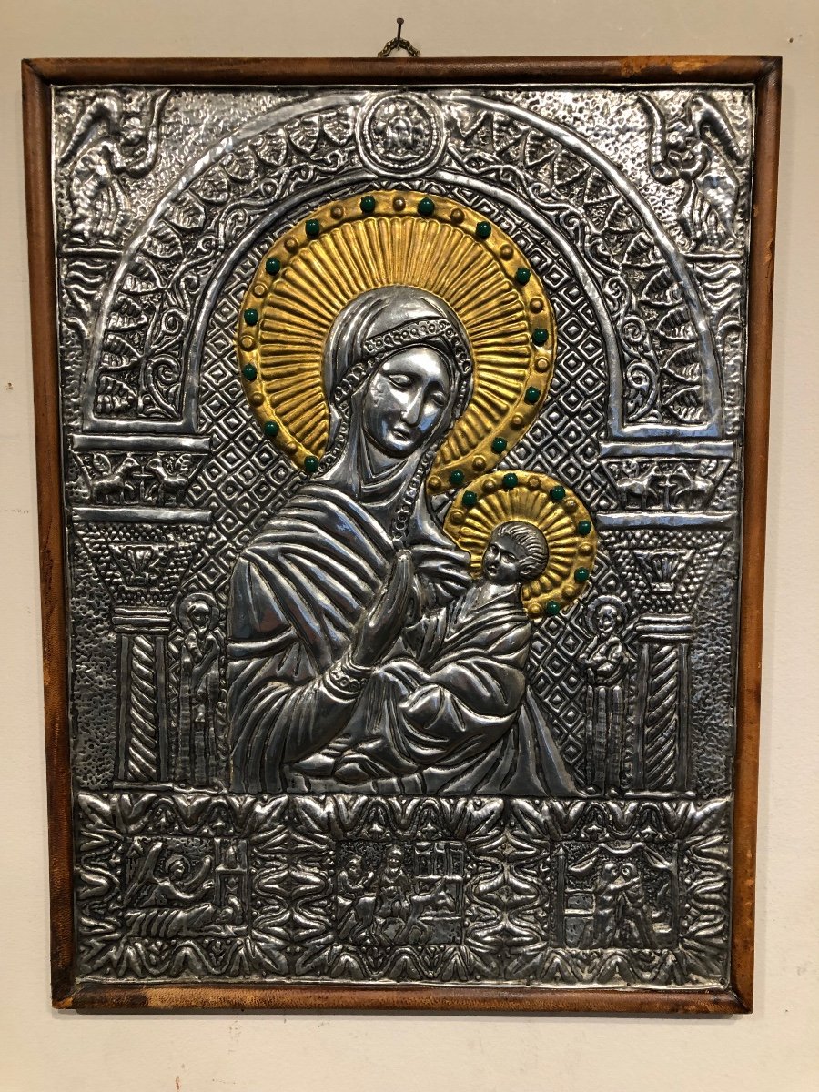 Vierge à L’enfant Byzantine En Métal Guilloché Et Repoussé Début 20 ème -photo-4