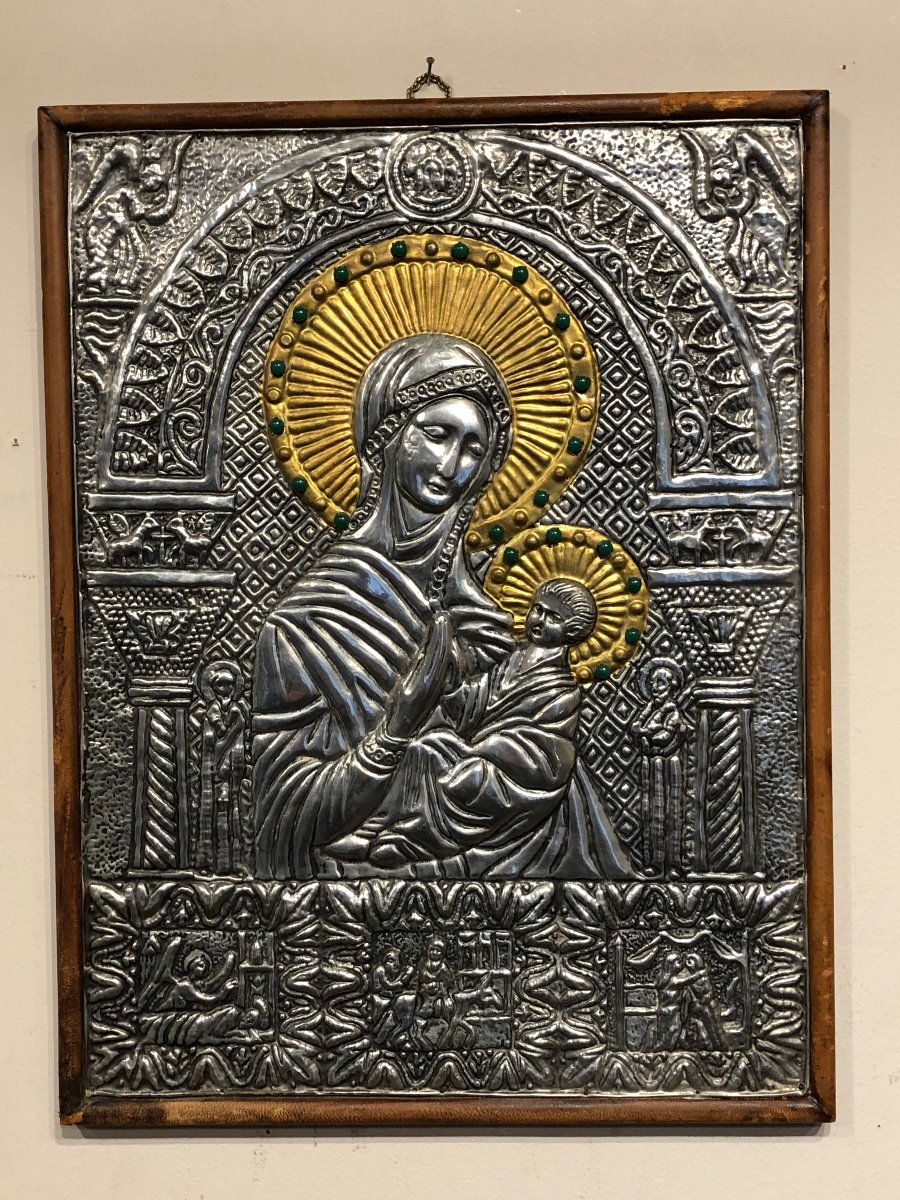 Vierge à L’enfant Byzantine En Métal Guilloché Et Repoussé Début 20 ème -photo-5