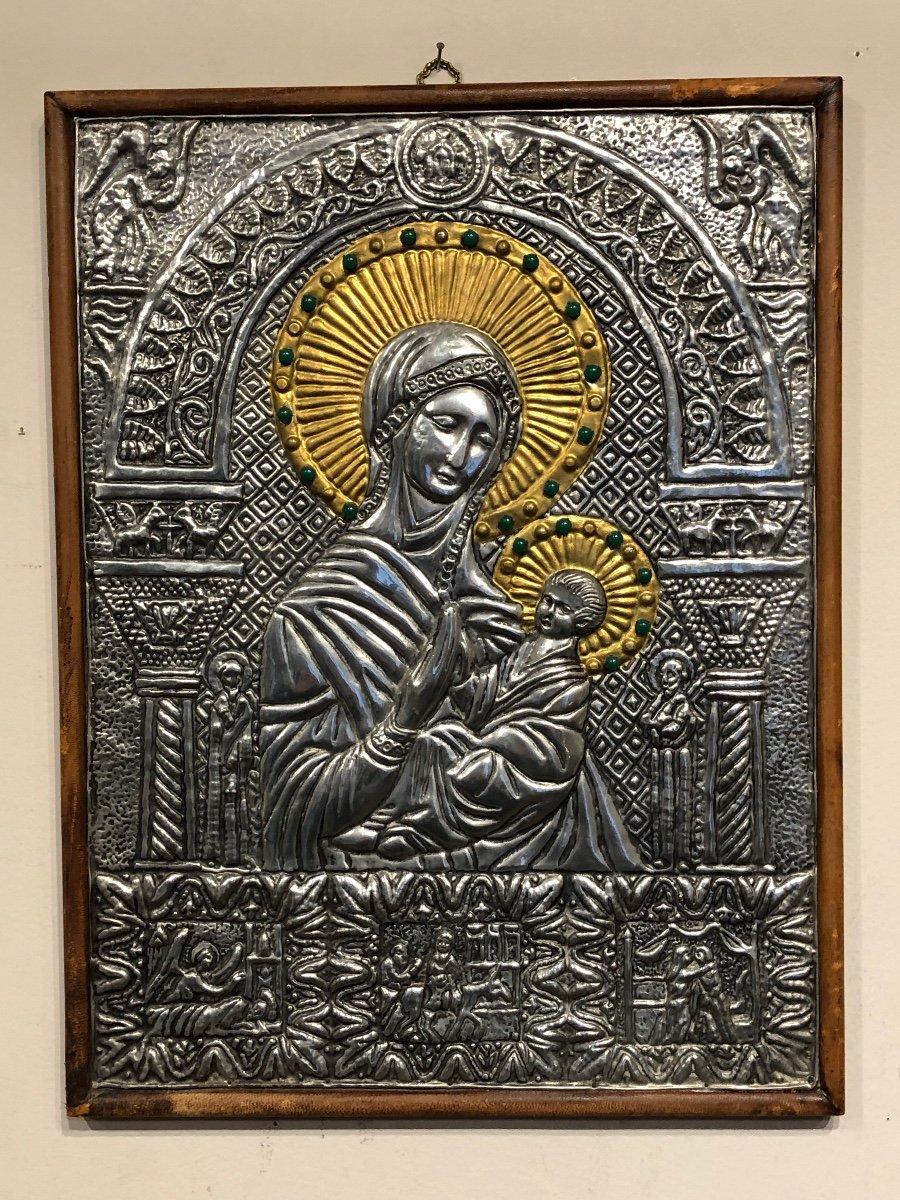 Vierge à L’enfant Byzantine En Métal Guilloché Et Repoussé Début 20 ème 