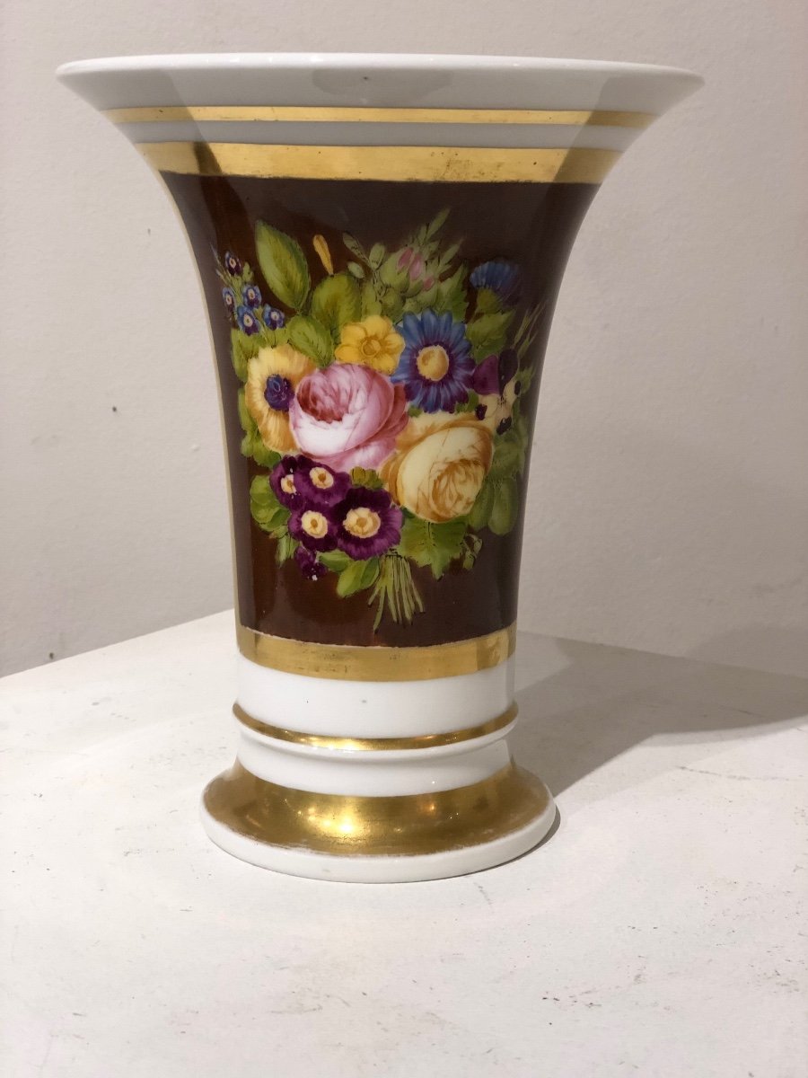 Cornet Vase With Bouquet Of Flowers Porcelain From Old Paris Empire Period Circa 1810-photo-3