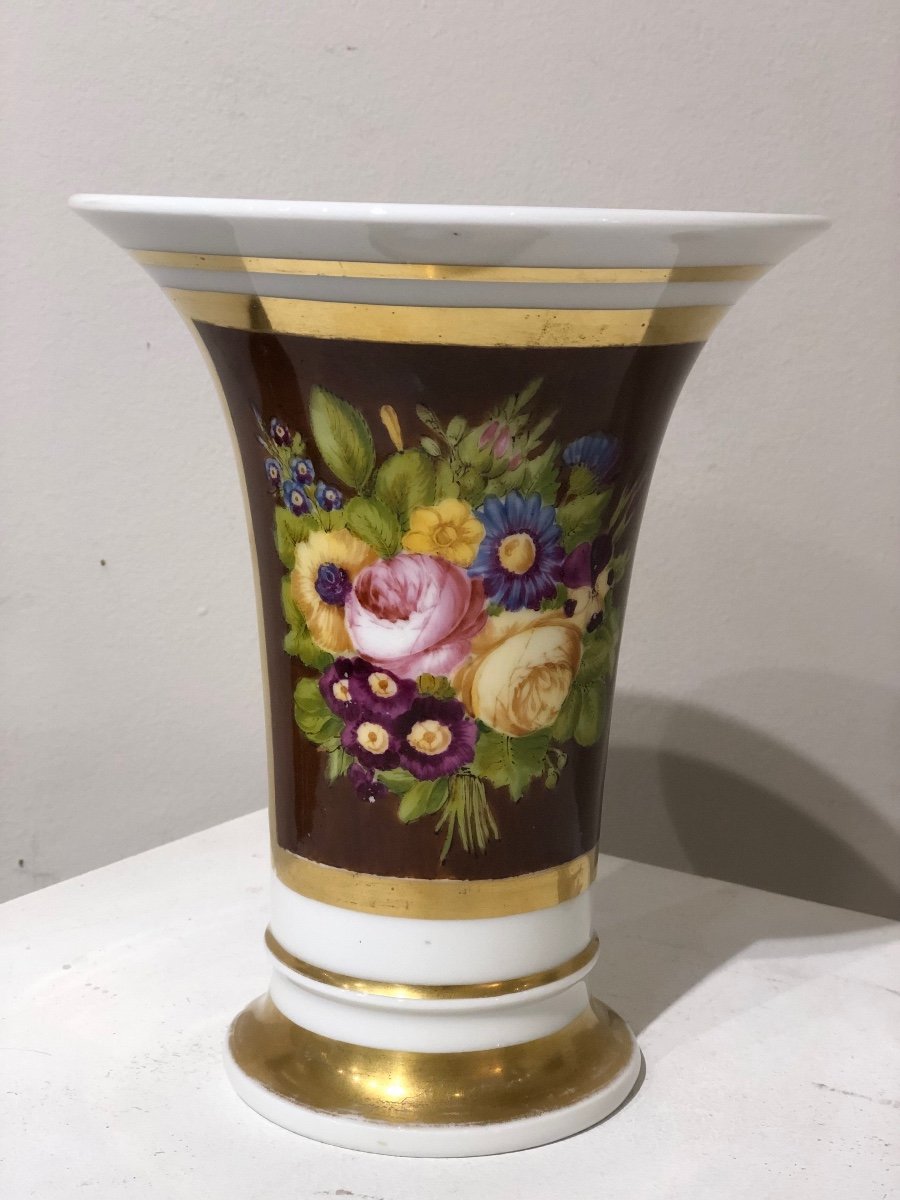 Cornet Vase With Bouquet Of Flowers Porcelain From Old Paris Empire Period Circa 1810-photo-6