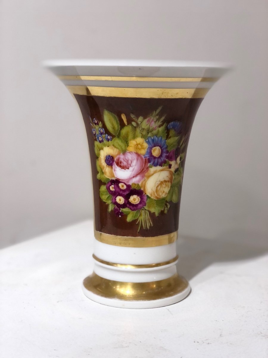 Cornet Vase With Bouquet Of Flowers Porcelain From Old Paris Empire Period Circa 1810