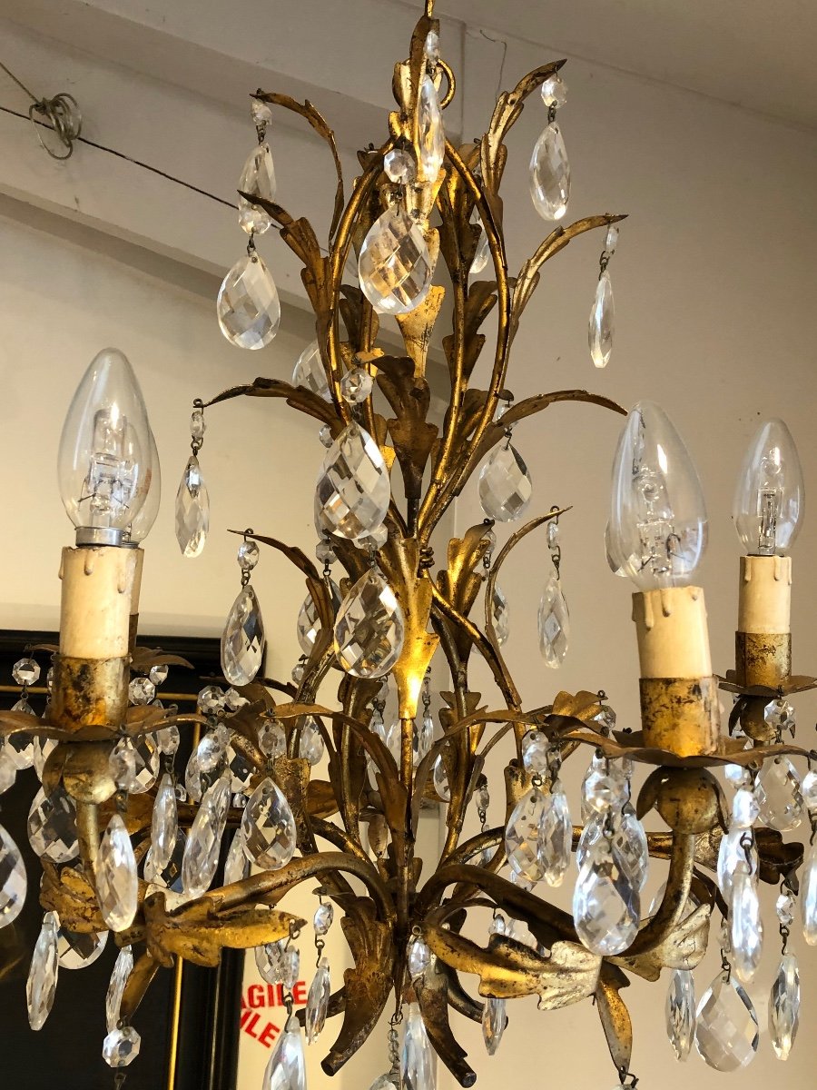 Vintage Chandelier 1950 / 60 Wrought Iron And Gold Leaf Gilded -photo-2