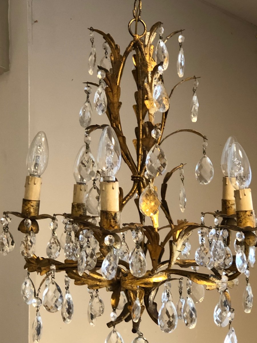 Vintage Chandelier 1950 / 60 Wrought Iron And Gold Leaf Gilded 