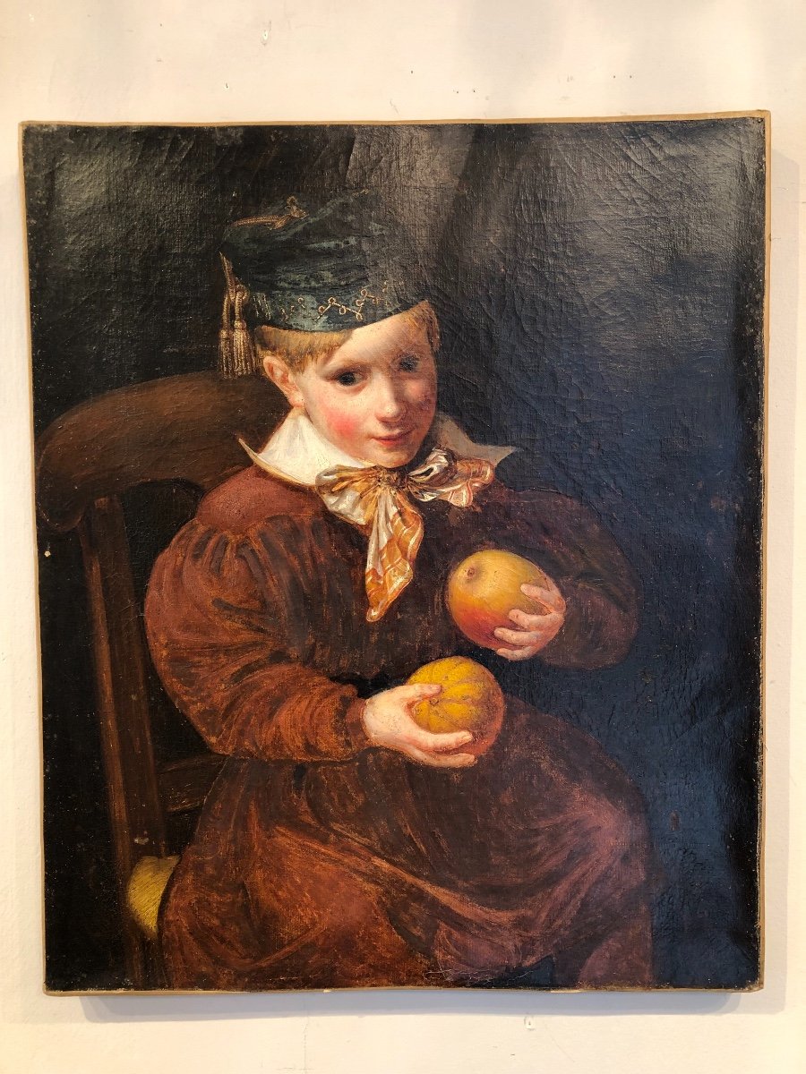 Portrait Vers 1820 « enfant Au Bonnet De Jour Et Aux Fruits »-photo-2