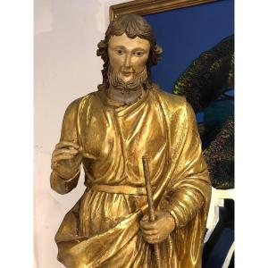 Important  « Saint  Joseph «  XVIII ème En Bois Sculpté Et Doré 