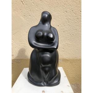 Sculpture «  Femme «  En Céramique émaillée Noire Circa 1967