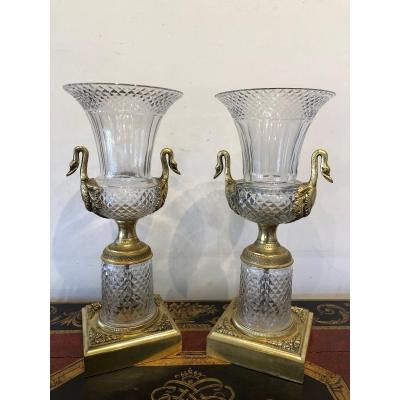 Pair Of Medici Vases Cut Crystal And Gilt Bronze XIX