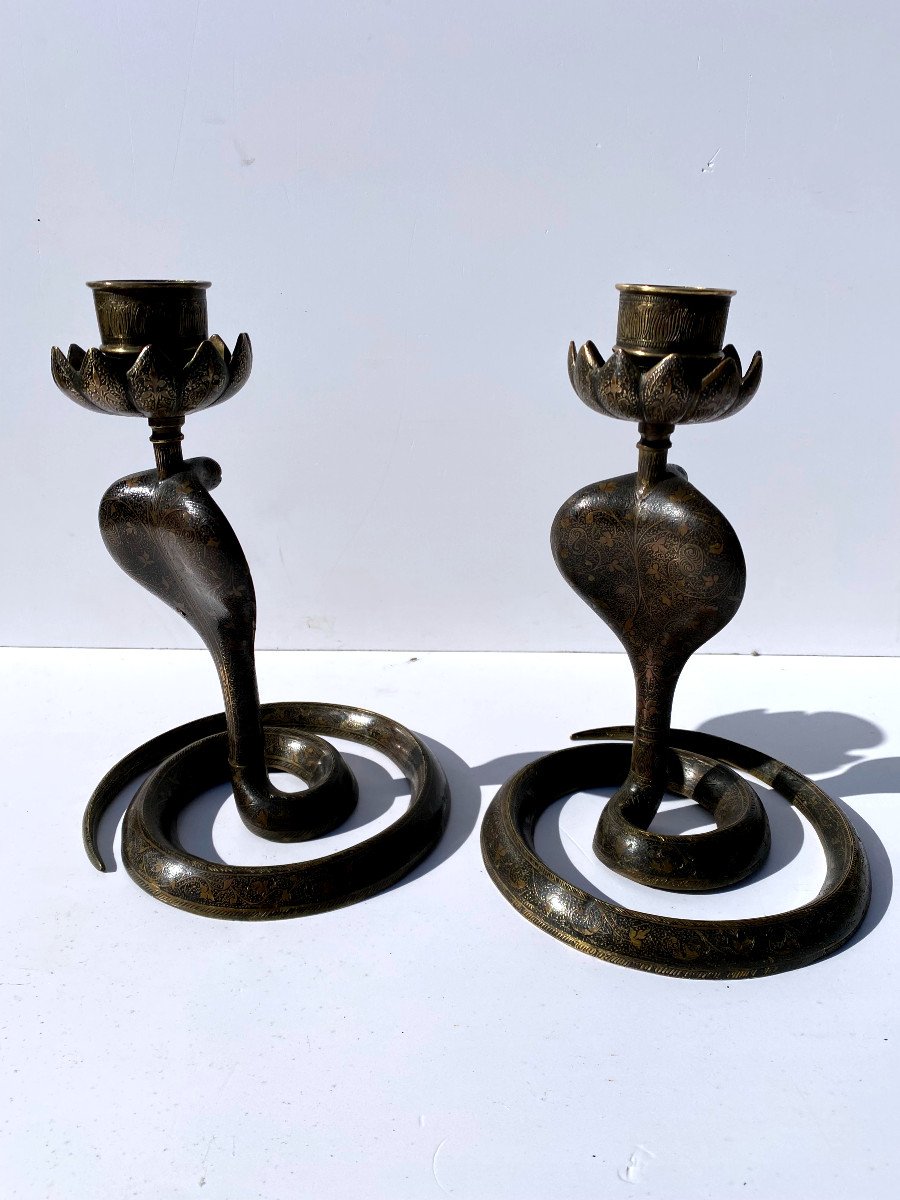 Pair Of Bronze Cobra Candlesticks-photo-2