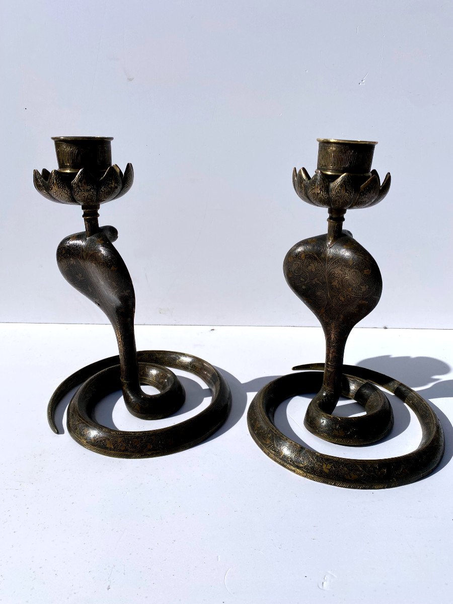 Pair Of Bronze Cobra Candlesticks-photo-3