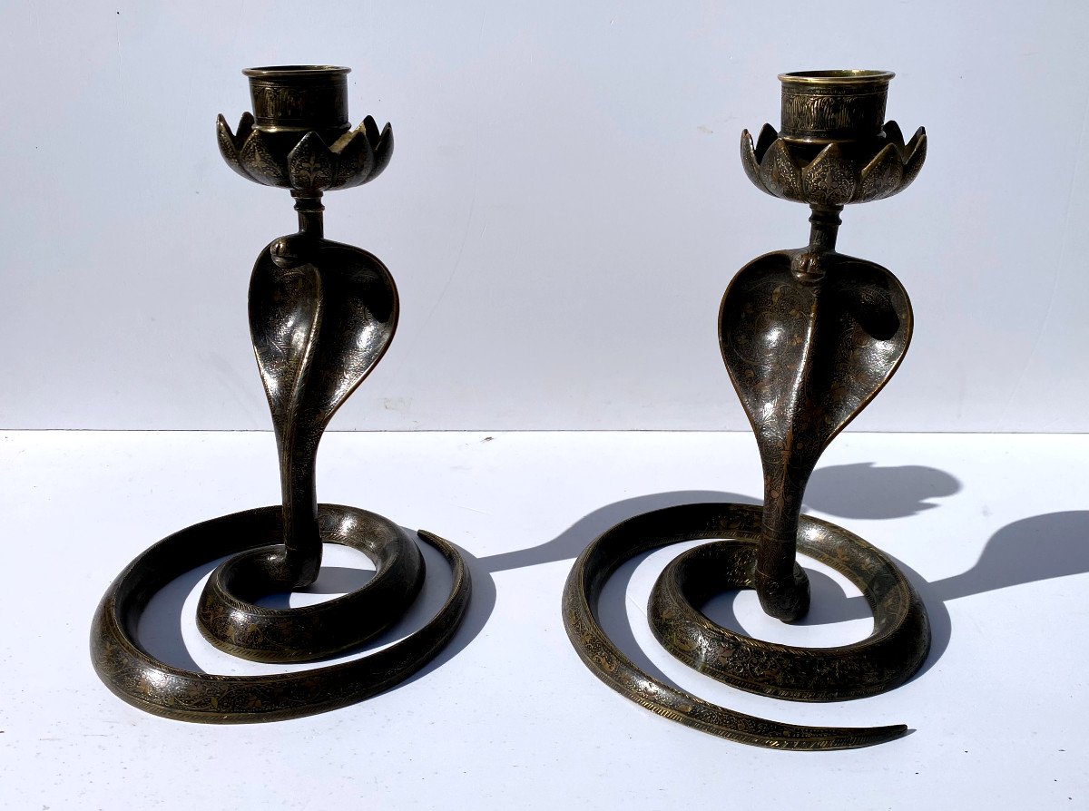 Pair Of Bronze Cobra Candlesticks