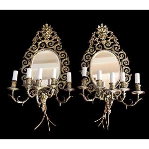 Paire D’appliques Miroir En Bronze 