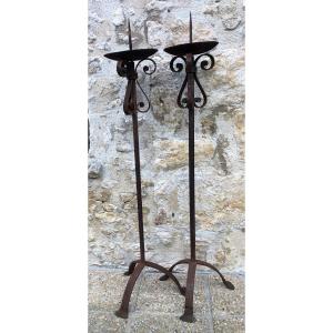 Pair Of Wrought Iron Candlesticks 