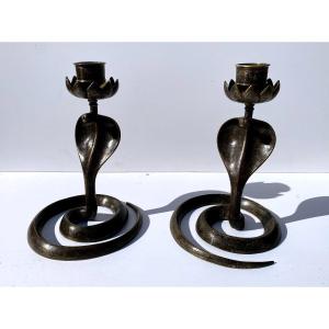 Pair Of Bronze Cobra Candlesticks