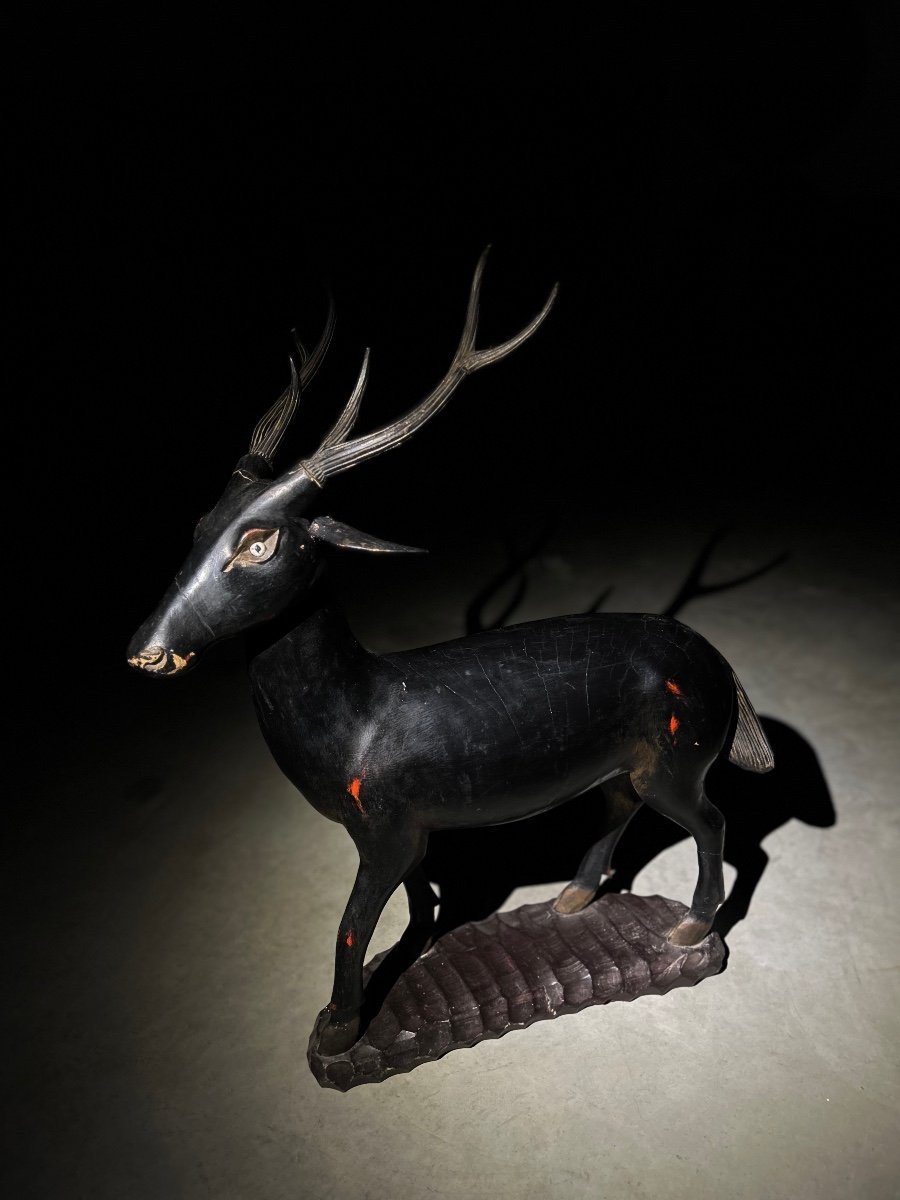 Large Lacquered Wood Deer Sculpture