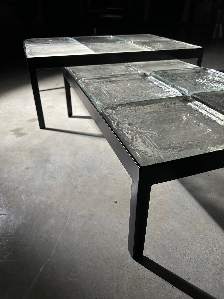 Paire De Tables Basses Gigognes En Dalles De Verre Saint Gobain-photo-6