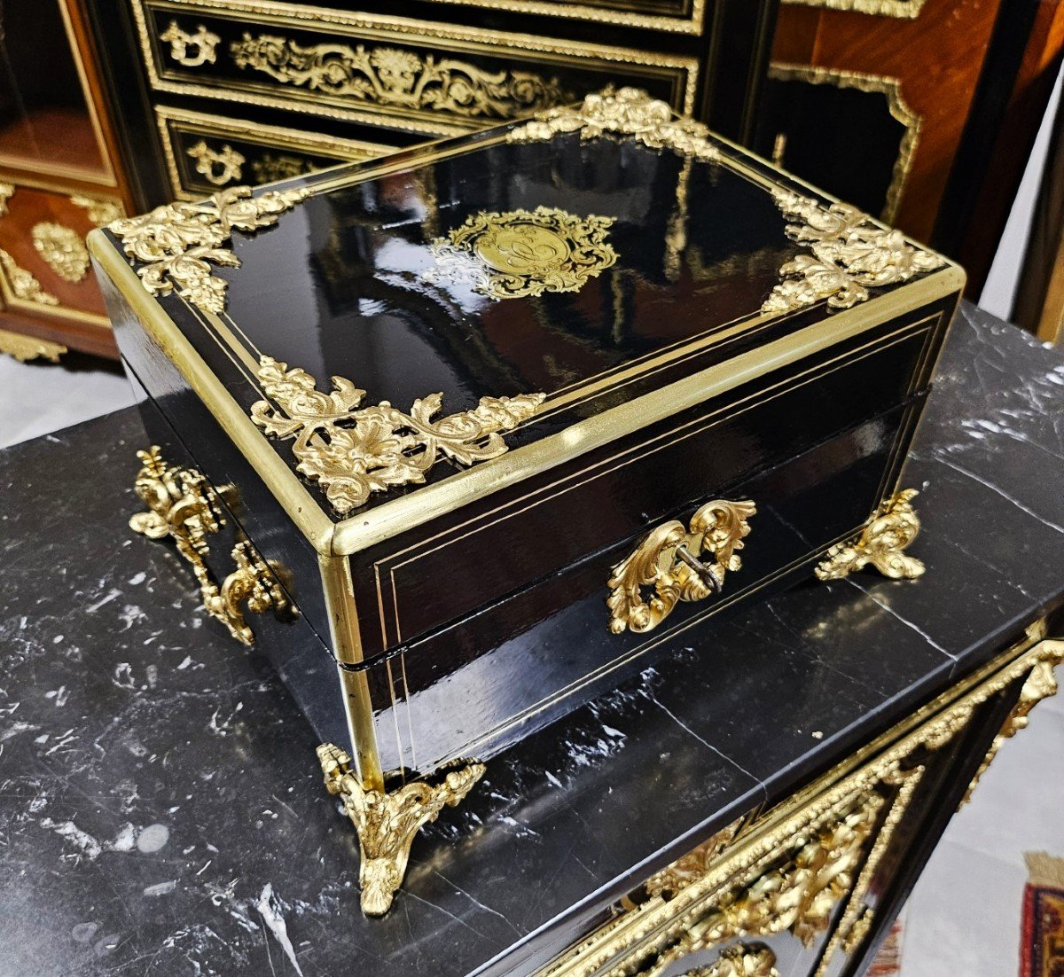 Grand Coffret Ou Boite En Marqueterie Boulle Signé Vervelle époque Napoléon III Napoleon 3-photo-3