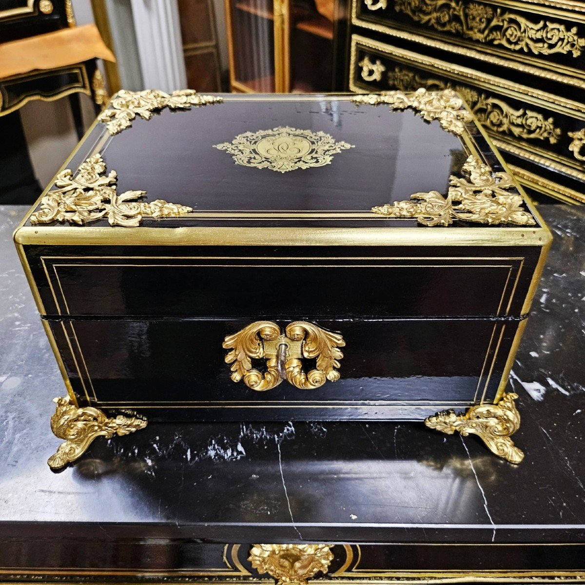 Grand Coffret Ou Boite En Marqueterie Boulle Signé Vervelle époque Napoléon III Napoleon 3-photo-4