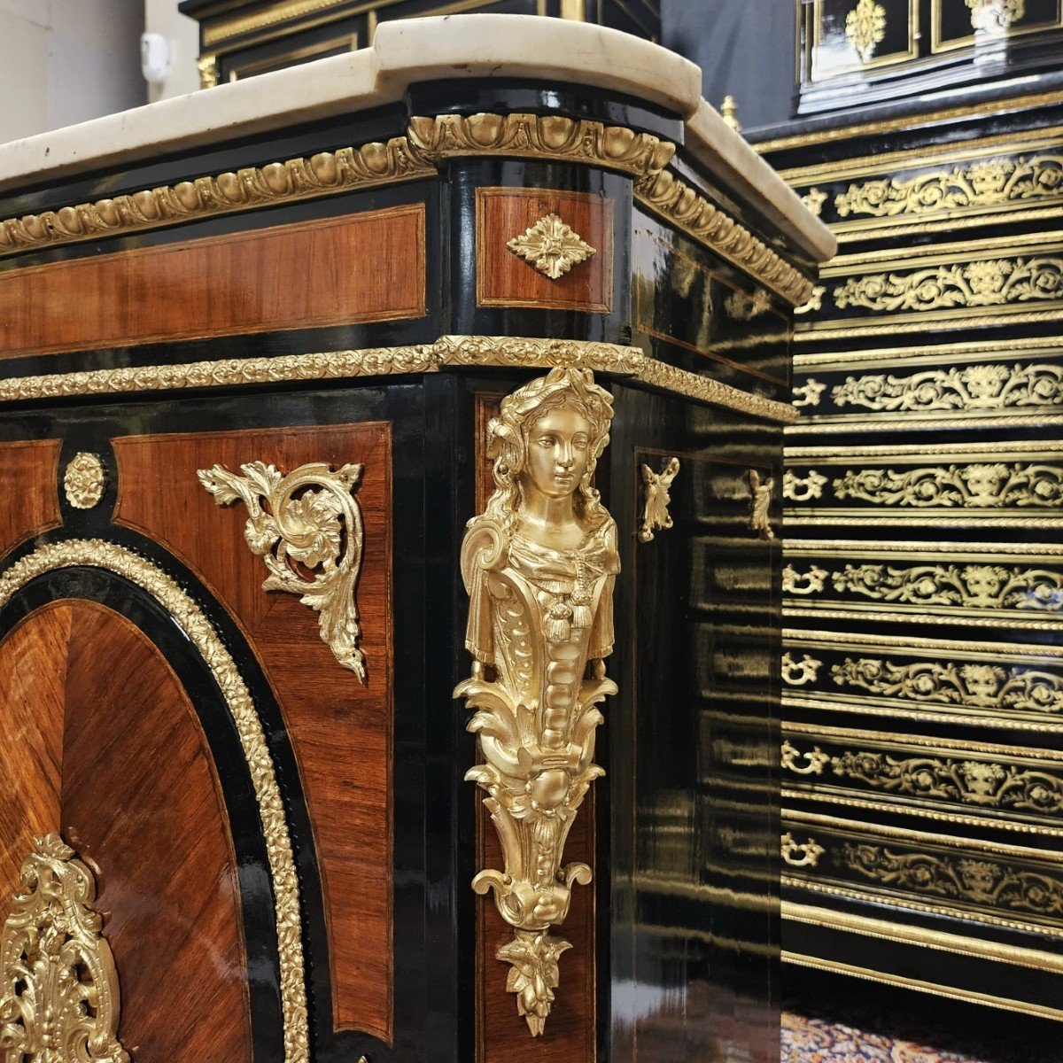 Large 2-door Marquetry Sideboard Signed "diehl" Period Napoleon III - Napoleon 3 Boulle-photo-8