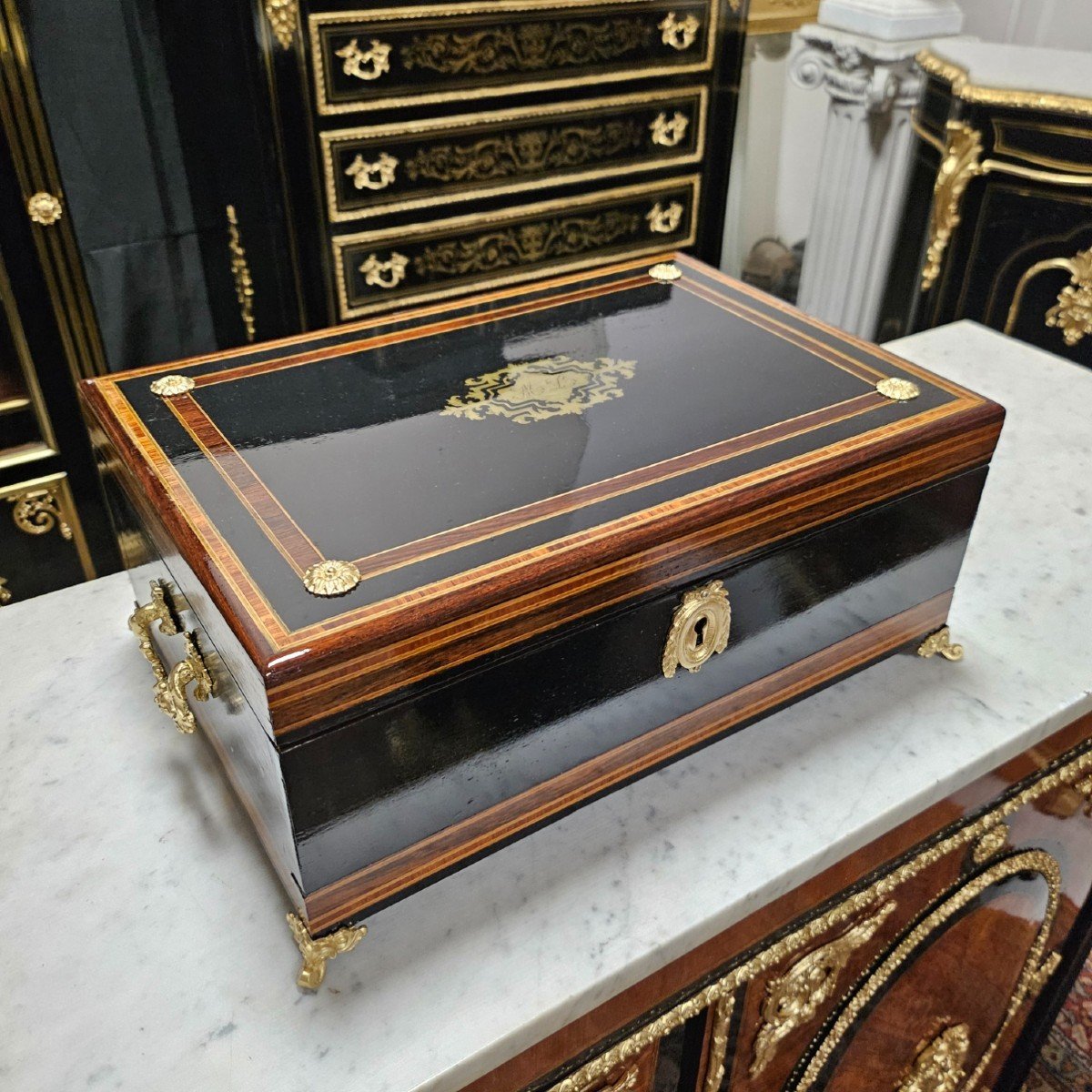 Rare Large Watercolour Box In Boulle Marquetry, Napoleon III Period Napoleon 3