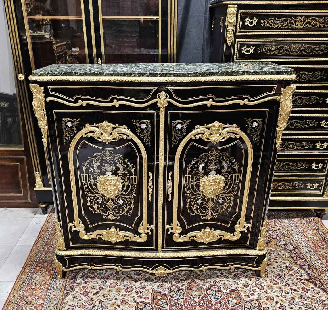 Meuble d'Appui Deux Portes En Marqueterie Boulle Trois Matières époque Napoléon III Napoleon 3-photo-1